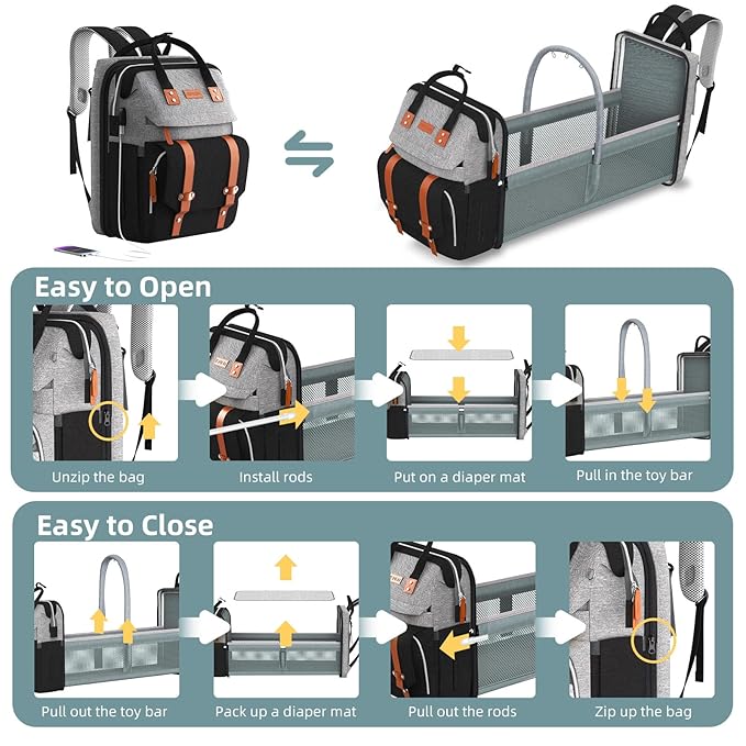 Diaper Bag Backpack with Changing Station, Large Diaper Bag, Baby Bag, Multifunctional Diaper Bag, GreyBlack