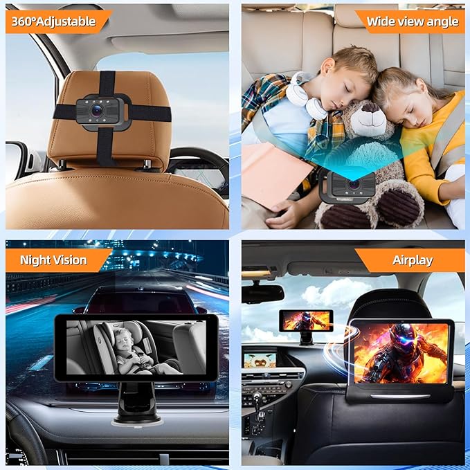 6.86 Inch Carplay Screen for Baby Monitor - 1080P Portable Car Stereo with Baby Car Camera/Wireless CarPlay/Android Auto/Night Vision/150° Wide Angle/AirPlay/GPS Navigation + 64G Card, Easy to Install