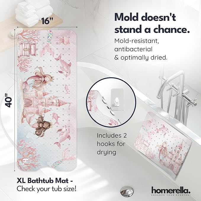 Homerella Baby Bath Tub Mat | Anti Mold Mildew Resistant Non Slip Kids and Adult Bath Tub Shower Mats | 40x16 inch Long with Suction Cups for Secure Grip Hooks for Storage & Drying | Machine Washable