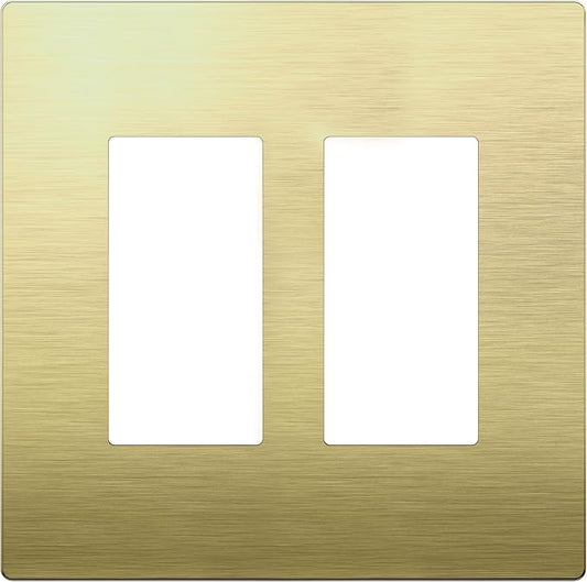 LIDER Double Decorator Metal Wall Plate, Temperature and Impact Resistant, 201 Stainless Steel, Screwless Cover, Modern Upgrade, Mid-Size 2-Gang 4.88” x 4.92”, Brushed Brass, LSMWP-32M-BB