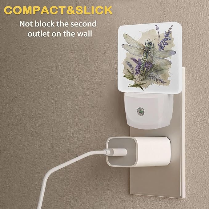 Dragonfly Watercolor Night Light with Dusk to Dawn Light Sensors, Plug-in Wall Led Night Lights, Energy Efficient Lamp for Bedroom/Bathroom/Kitchen/Hallway/Stairs