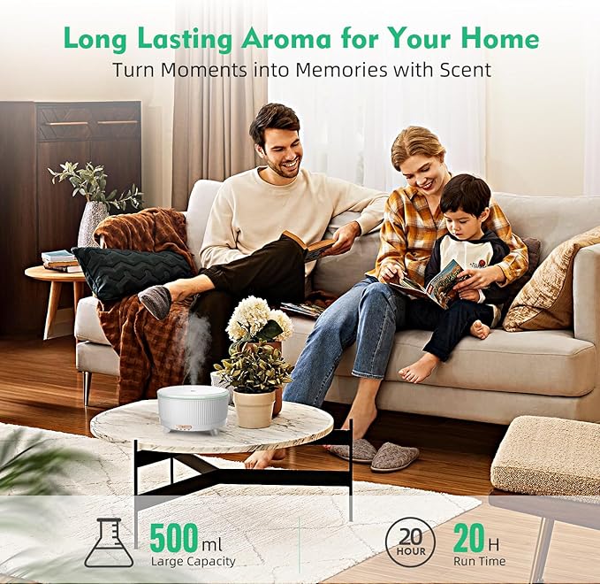 20-Hour Long-Lasting Aromatherapy, 500ML Large Essential Oil Diffuser: Ultrasonic Cool Mist Humidifier with Remote, 7 Color Lights, Timer, Auto-Off for Home/Bedroom/Yoga (Minimalist White)