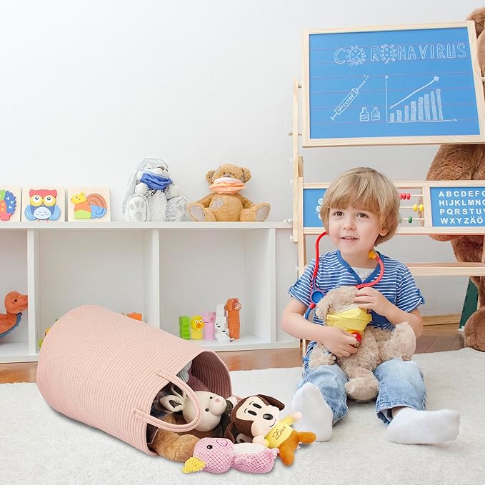 Cotton Rope Laundry Basket Hamper for Clothes Woven Storage Basket for Living Room Bedroom Boho Tall Rope Baskets for Blanket Toys Pillow Towels Baby Nursery Hamper Bin coral pink