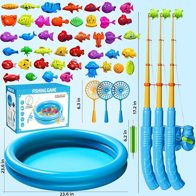 Magnetic Fishing Pool Toys Game for Kids Toddlers 3-5 4-8, Fishing Water Table Bathtub Toy with Inflatable Pool Pole Rod Net Plastic Floating Fish, Water Bath Pool Outdoor Toys for Kids Toddlers Baby