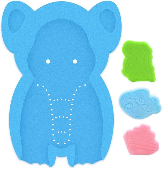Soft Infant Bath Sponge Elephant Baby Bath Mat Newborn Comfy Foam Skid-Proof Cushion (Blue 1Set)