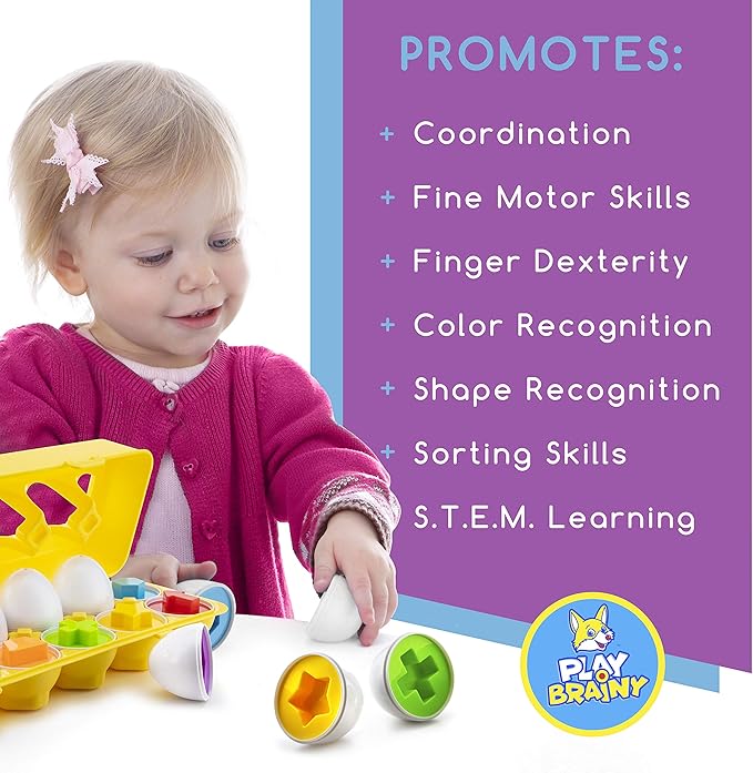 Play Brainy Shape and Color Matching Eggs – Easter Egg Toy – Educational Montessori STEM Toy for Toddlers and Preschoolers – Great for Color and Shape Recognition Development – Set of 12 Shape Eggs,