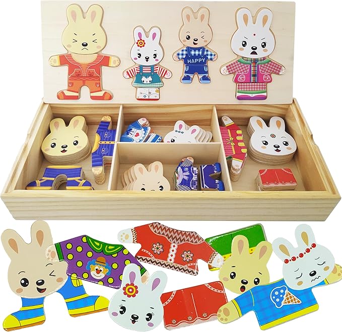 Wooden Bunny Family Dress-up Puzzle Box for Toddlers(72pcs),Change Clothes Puzzle Games, Preschool Learning Activities Toys for Kids Ages 3+