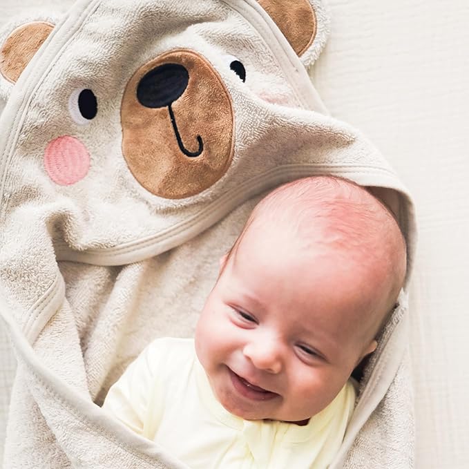 CuddleBug Hooded Baby Bath Towel & Washcloth Set (Bear) - 100% Cotton Terrycloth Hooded Baby Towels for Newborn & Toddler, Super-Soft & Ultra-Absorbent, Newborn Essentials (30" x 30") - Honey Beige