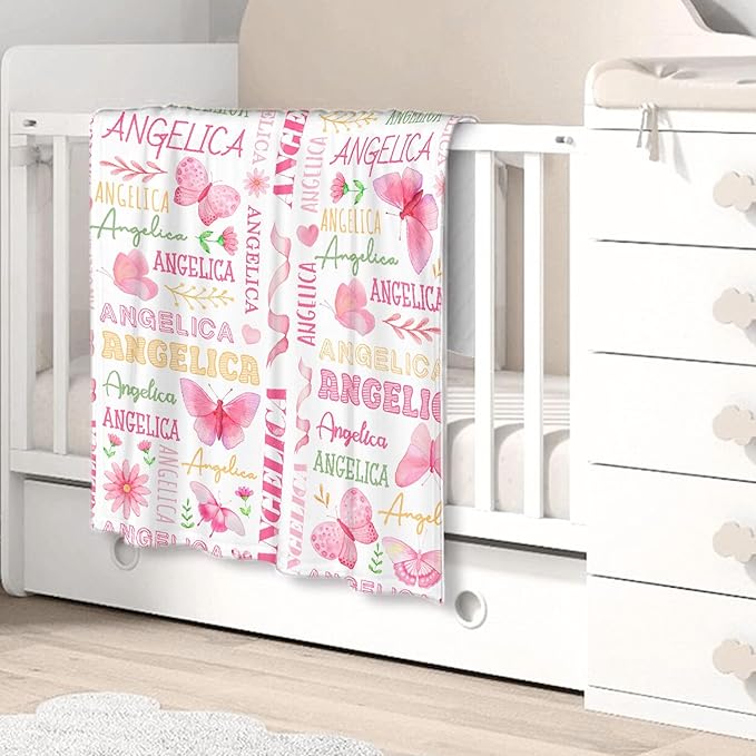 Personalized Baby Blanket for Girls Boys Butterfly Custom Baby Blanket with Name Swaddle Blanket for Toddlers Infants Kids Shower Newborns Nursery Stroller Crib Decor Throw Birthday Gift