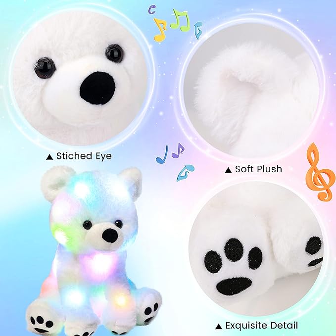 Hopearl LED Musical Stuffed Polar Bear Lighting Up Singing Plush Toy Adjustable Volume Lullaby Animated Soothe Birthday Festival for Kids Toddler Girls, White, 11''