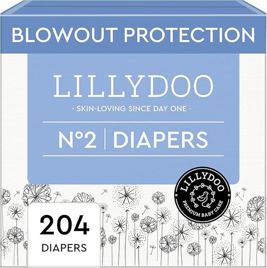 LILLYDOO Baby Diapers - Size 2 (9-18 lbs), Monthly Supply (204 Count), Leak Protection, Skin-Friendly, Ultrasoft, Perfume- & Chlorine-Free, Hypoallergenic, Dermatologist Tested, Oeko-TEX®