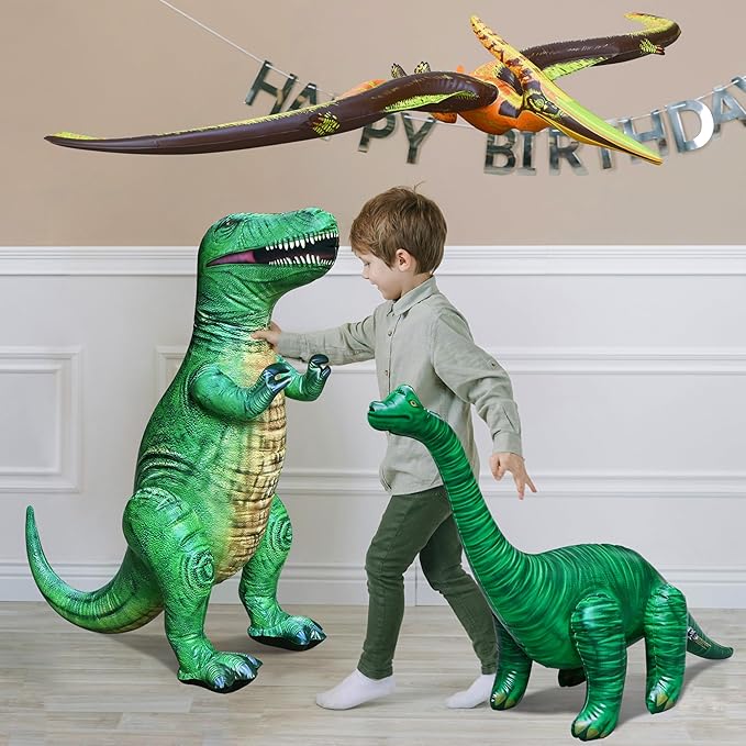 Jet Creations Inflatable Dinosaur 3-Pack – T-Rex (37"), Brachiosaurus (28"), Pteranodon (57") – Prehistoric Animal Toys for Kids & Adults, Jurassic Decor, Pool Fun, Party Display & Photo Props