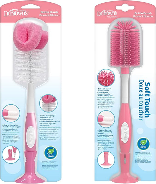 Dr. Brown's Baby Bottle and Nipple Brush Soft Touch and Sponge Brush, Pink Variety Pack, 2 Count