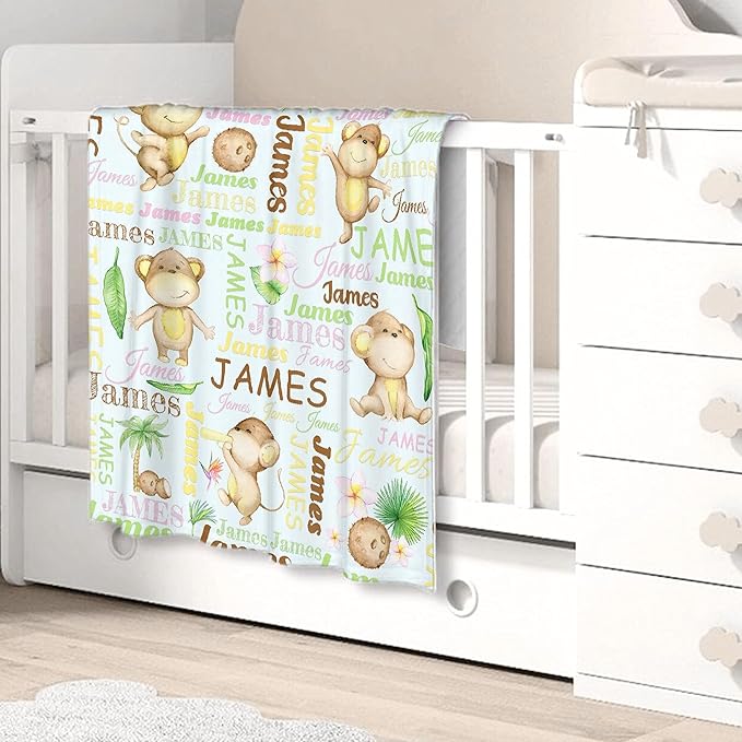 Personalized Baby Blanket for Girls Boys Monkey Custom Baby Blanket with Name Swaddle Blanket for Toddlers Infants Kids Shower Newborns Nursery Stroller Crib Decor Throw Birthday Gift