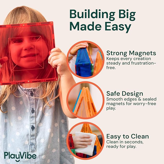 PLAYVIBE Magnetic Tiles - 60 Piece Set, Multicolor - Hands-On STEM Play & Stem Toys - Strong Magnets & Magnetic Tile Blocks - Sensory Toys & Car Creations