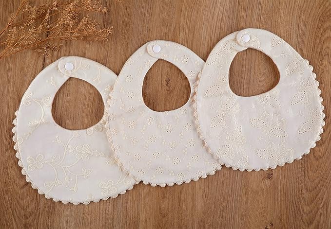 GZMM Baby Bib For Girls,Reversible Waterproof Handmade Natural Cotton Baby Drool Bib 0-12 months 2 Pack (off-white color A, 0-12 months)