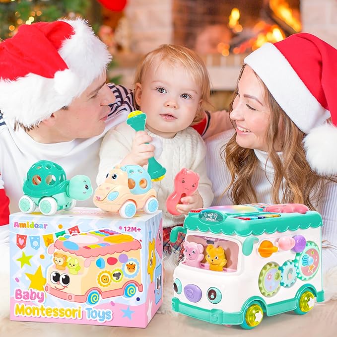 Baby Gift for 1-2 Year Old Girl, 10-in-1 Montessori Toys Bus for Baby 6-12-18 Months+, First Christmas and Birthday Gifts, Blue Educational Musical Sensory Learning Toddler Toys Age 1-2
