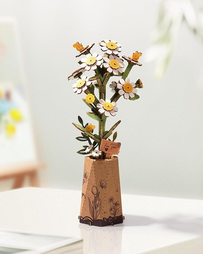 3D Flower Wooden Puzzles for Adults-Chamomile, DIY Wooden Flowers Model Kit Building Set Crafts for Adults to Build, Botanical Collection/Ideal Creative Gift Ideas/Housewarming (101PCS)