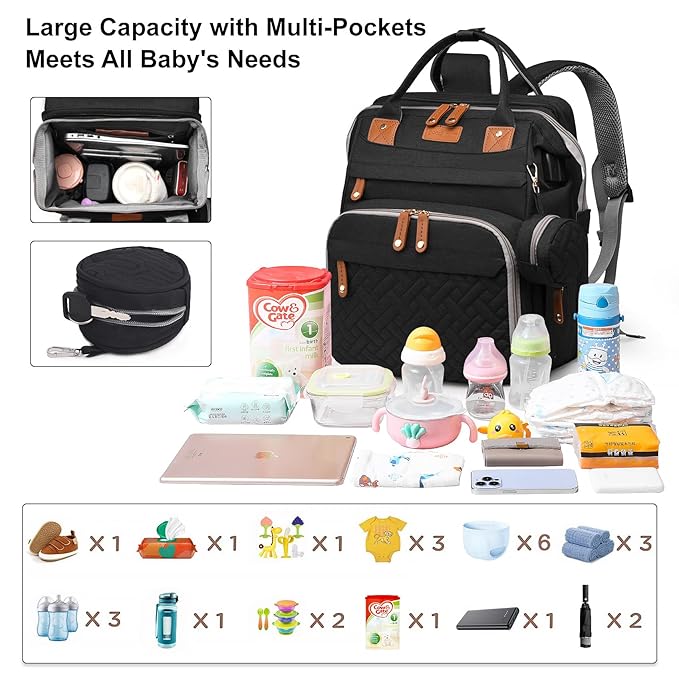 Baby Diaper Bag Backpack Diaper Bag Multifunctional Waterproof Diaper Bag with Changing Station Travel Diaper Backpack with Changing Pad, Pacifier Case & Stroller Straps(Black)