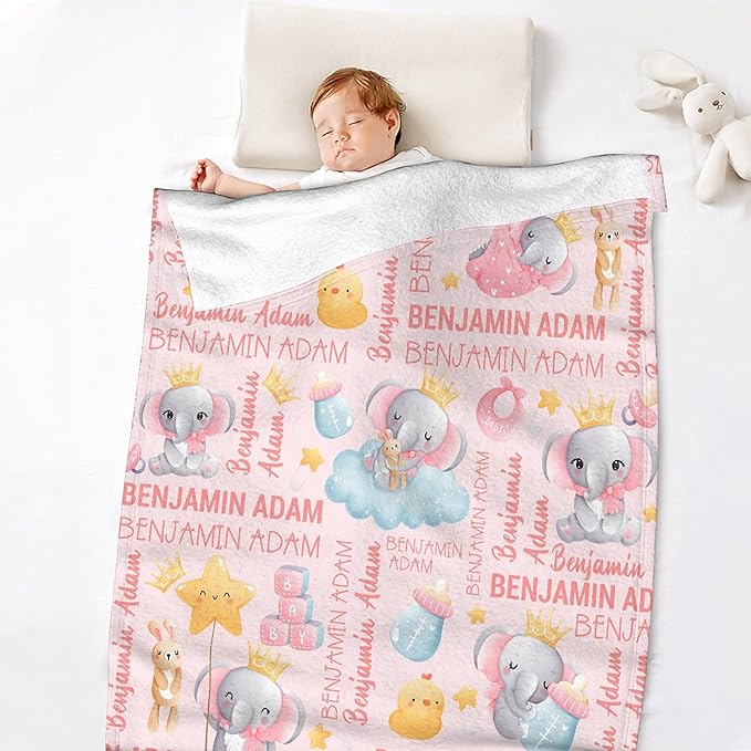 Personalized Baby Blanket for Girls Boys Elephant Custom Baby Blanket with Name Swaddle Blanket for Toddlers Infants Kids Shower Newborns Nursery Stroller Crib Decor Throw Birthday Gift