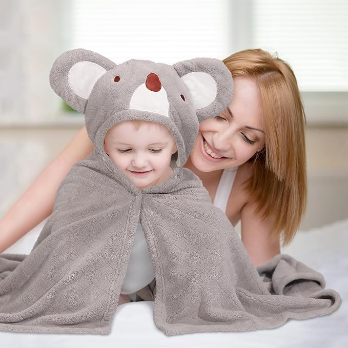 Extra Large Toddler Bath Towels, 50" x 32" Large Absorbent Thick Baby Animal Hooded Towel 2 Pack Set for 0-6 Years Bath Essential for Newborn, Infant and Kids, Grey & Pink