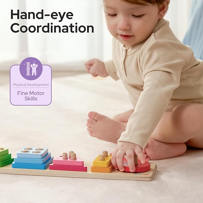 Montessori Toys for 1 2 3 Year Old Boy Girl, Wooden Sorting & Stacking Toys, Shape Sorter Baby Toy, Educational Sensory Toys for Kids, Wooden Blocks for Toddler 1-3, Christmas Birthday Gifts