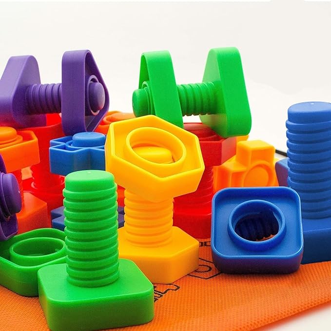 Skoolzy Plastic Nuts and Bolts 24 Piece Set - 6 pk - Kids Nuts and Bolts - Toddler Engineering Toys for 1-3 - Screw Toys for Toddlers with ebook