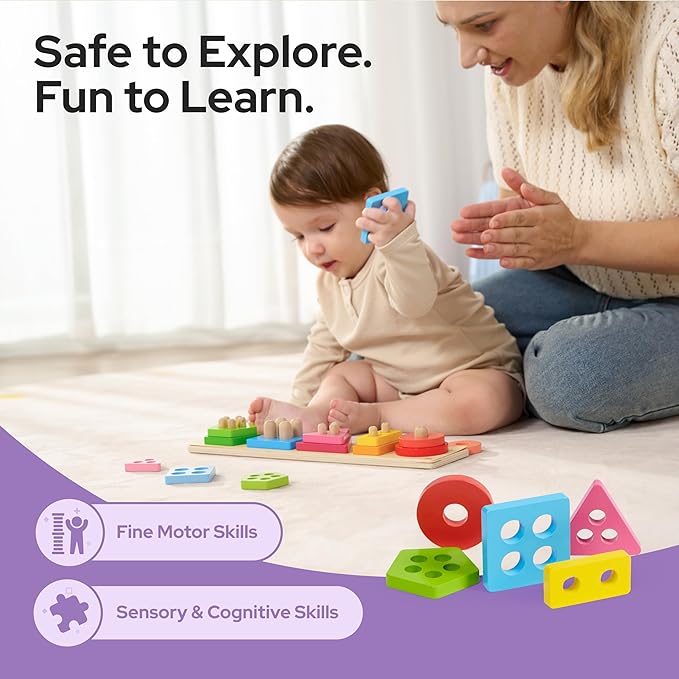 Montessori Toys for 1 2 3 Year Old Boy Girl, Wooden Sorting & Stacking Toys, Shape Sorter Baby Toy, Educational Sensory Toys for Kids, Wooden Blocks for Toddler 1-3, Christmas Birthday Gifts