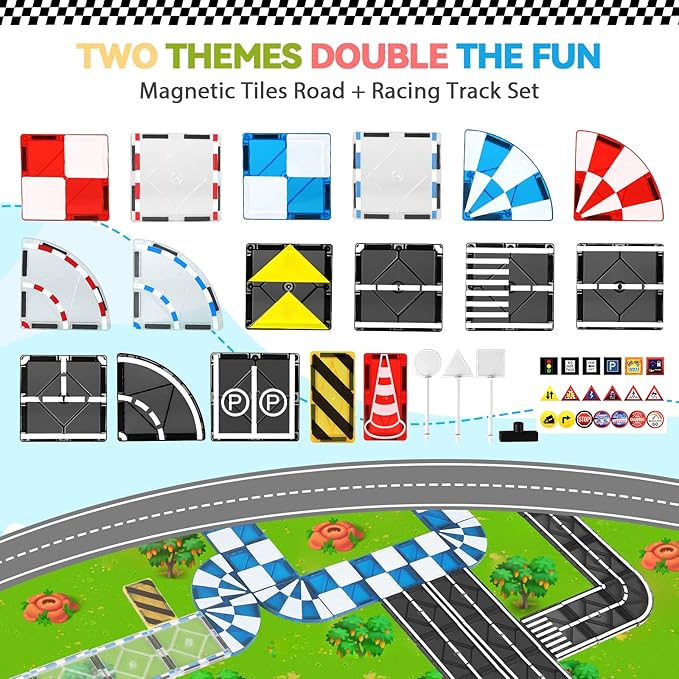 Magnetic Tiles Road Set & Racing Track Expansion Pack, Magnetic Blocks Building Toys for 3+ Year Old Boys Girls, STEM Magnetic Toys Magnetic Tiles for Toddlers 3-5 4-8