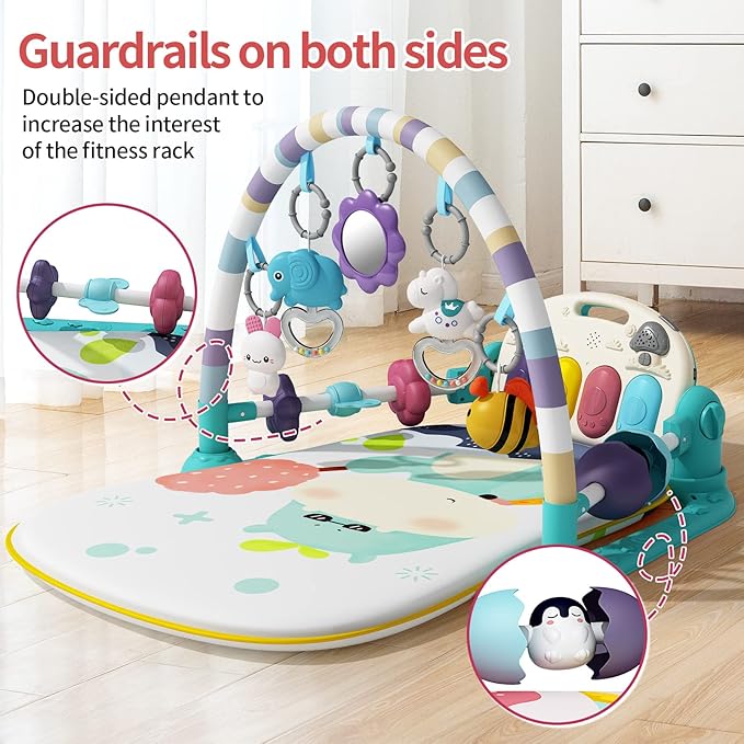 Baby Gym With Kick and Play Piano, Activity Mat for Tummy Time With 5 Infant Learning Sensory, Music and Lights for Newborn Boy or Girl (Green)