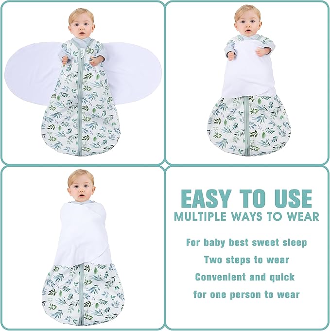 Newborn Sleep Sack Baby Swaddle,6-12 Months,3-Way Adjustable Wearable Blanket,100% Rayon Cotton Swaddling Sleeping Bag，TOG 0.5（Banana&Leaf）
