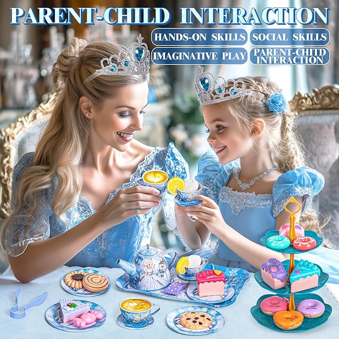Frozen Tea Party Set for Little Girls, Princess Gift Toy, Kids Pretend Play Tin Tea Set with Teapot, Tea Cups, Food Playset & Carrying Case, Birthday for Girls Age 3+