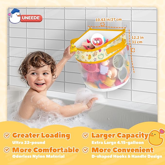 UNEEDE Duck Print Bath Toy Organizer, 4.15 Gallons Bathtub Toy Holder, Quick Dry Mesh Shower Caddy, Yellow Duck Stuff
