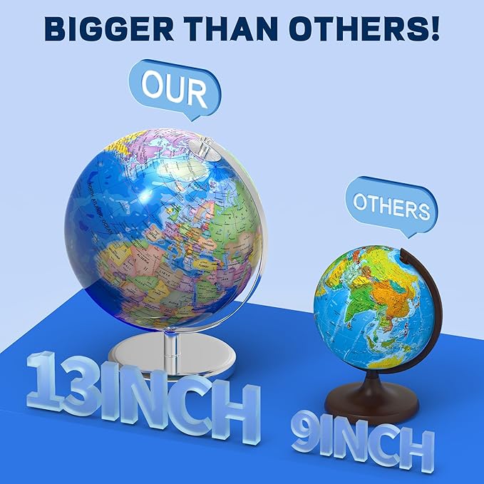 13 Inch Large World Globe for Adult, Educational Globe for Children, Colorful HD World Map Details for Kids Learning, Illuminated Globes Lamp for Kids Gift and Bedroom Office Decor