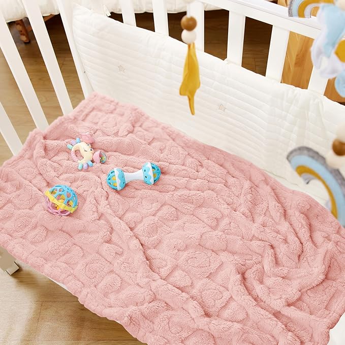 4 Pcs Baby Blankets,Fleece Heart Checkered Blanket, Cozy and Fluffy Crib Blankets for Girls, Toddler Receiving Blankets 30×40 Light Pink Sakura Pink White Grey