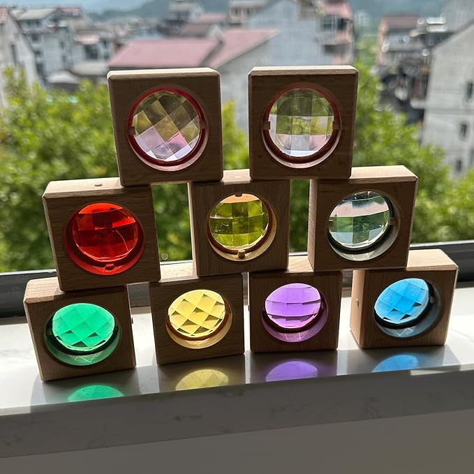 16PCS Acrylic Wooden Gem Blocks, Sparkling Acrylic Colorful StackingToys, Open Ended Play Montessori Educational Toys (16PCS Square Gem Blocks)