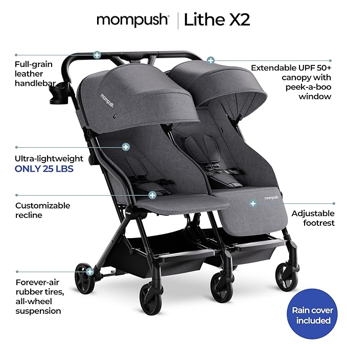 Mompush Lithe Double Stroller, Lightweight Side by Side Stroller for Newborn and Toddler, Easy Fold, Spacious Seats with Recline, UPF50+ Canopy