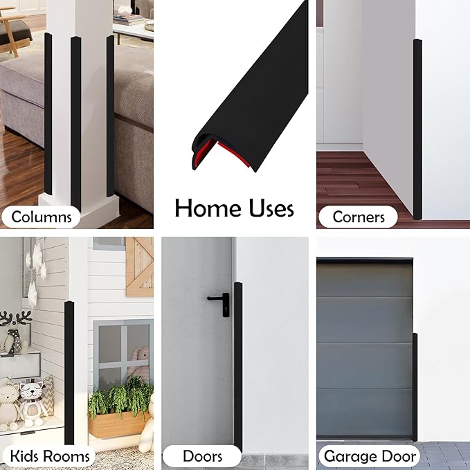 Rubber Bond Wall Corner Guard Edge Protector, 48 inch Heavy Duty Baby Proofing Corner Guards | Self-Adhesive Furniture Edge Strips for Home & Office (5, Black)