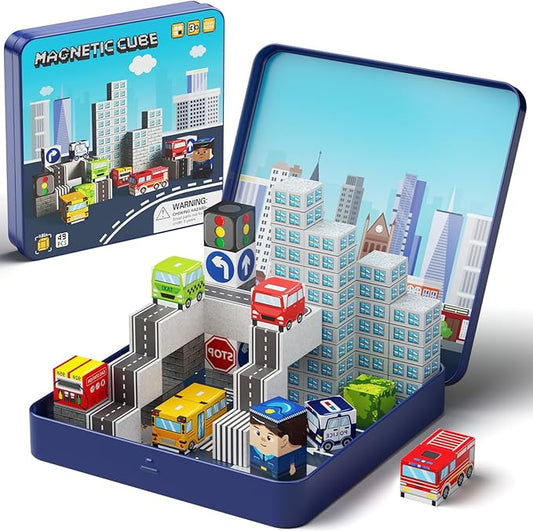 City Traffic Magnetic Blocks Set,Child-Safe STEM Toys with Fully Encased Magnets Non-Toxic & Choking-Proof Travel Learning Gift for Ages 3-8 Car/Airplane Toddler Toy Birthday (49 PCS)