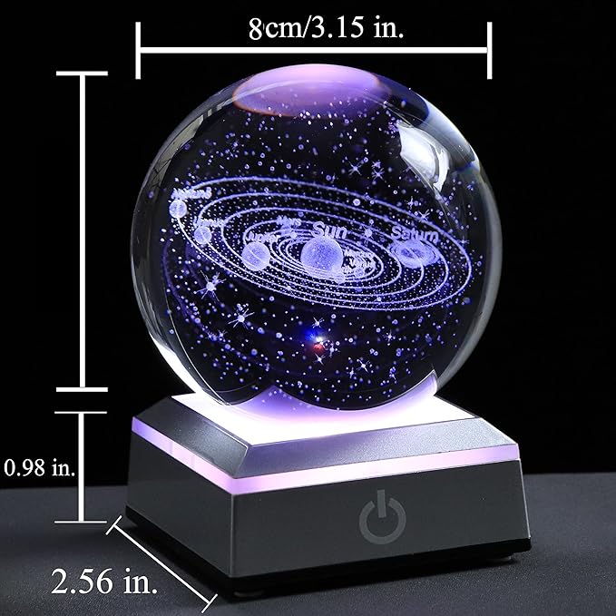 3d Solar System Model Crystal Ball 80mm 3.15inch - Outer Space Astronomy Gifts Room Decor Crystal Sphere Unique Gifts For Men Him Best Birthday Dad Physics Science Teacher Night Light Planet Lamp