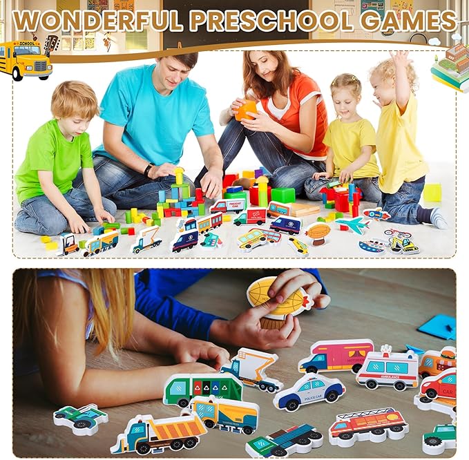 Kathfly 36 Pcs Wooden Community Helpers Community Wooden Toy Preschool Little Professionals Block Vehicles Set Multicultural Vehicles Creative Play for Social Learning, Educational Model
