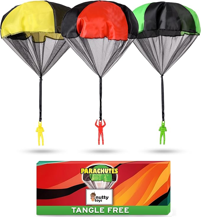 NUTTY TOYS Parachute Toys for Kids - Tangle Free Outdoor Flying Parachute Men, Top Indoor & Outside, 3 4 5 6 7 8 9 10 11 12 Year Old, Best Christmas Stocking Stuffers Idea 2025 Unique Boy & Girl Gifts