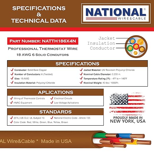 18/6 100Ft. NATIONAL Wire&Cable Thermostat Doorbell HVAC Heating Control Professional Cable Wire - Made in USA - 100% Solid Copper Conductors, CL2 ETL Listed, Low Voltage Applications Use