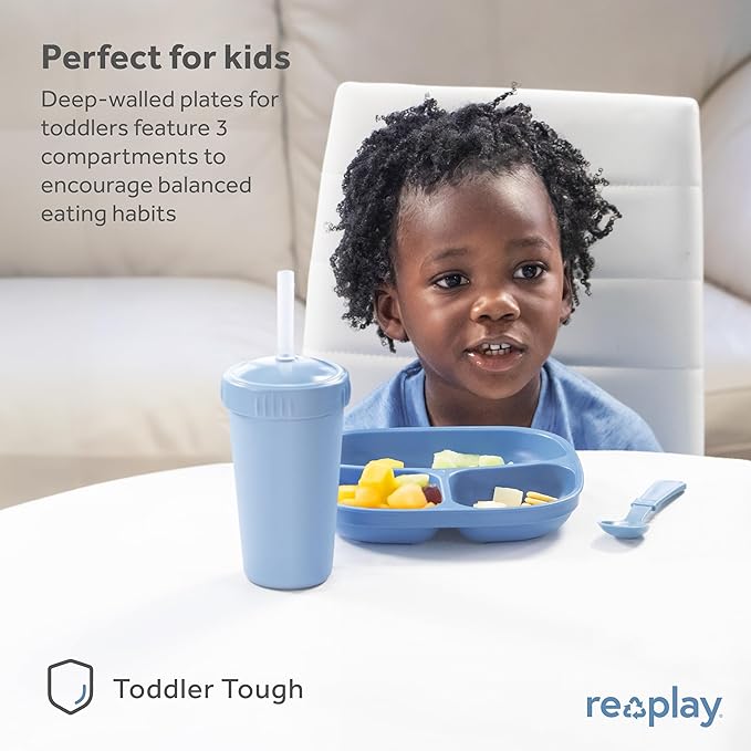 Re-Play Divided Toddler Plates with Deep Sides and Three Compartments for Easy Self Feeding | BPA Free | Dishwasher Safe | Modern Pink