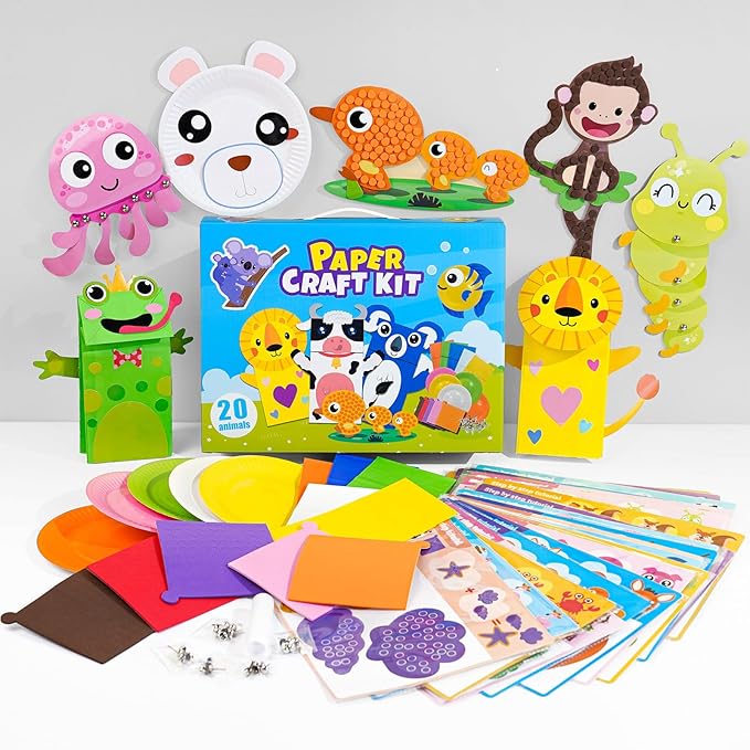 DINSUMRUG 20 Animal Arts & Crafts Kit for Kids 4-6, All-Inclusive Toddler Craft Box with Paper Plates, Puppets, Fun Activities, Tigers, Lions (134 Characters) (Animal)