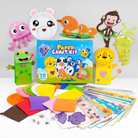 DINSUMRUG 20 Animal Arts & Crafts Kit for Kids 4-6, All-Inclusive Toddler Craft Box with Paper Plates, Puppets, Fun Activities, Tigers, Lions (134 Characters) (Animal)