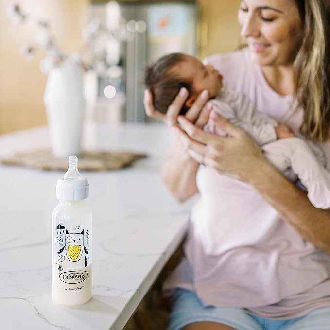 Dr. Brown's Natural Flow Anti-Colic Options+ Narrow Baby Bottle, Bear & Owl, 8 oz/250 mL, with Level 1 Slow Flow Nipple, BPA Free, 0m+, 2-Pack