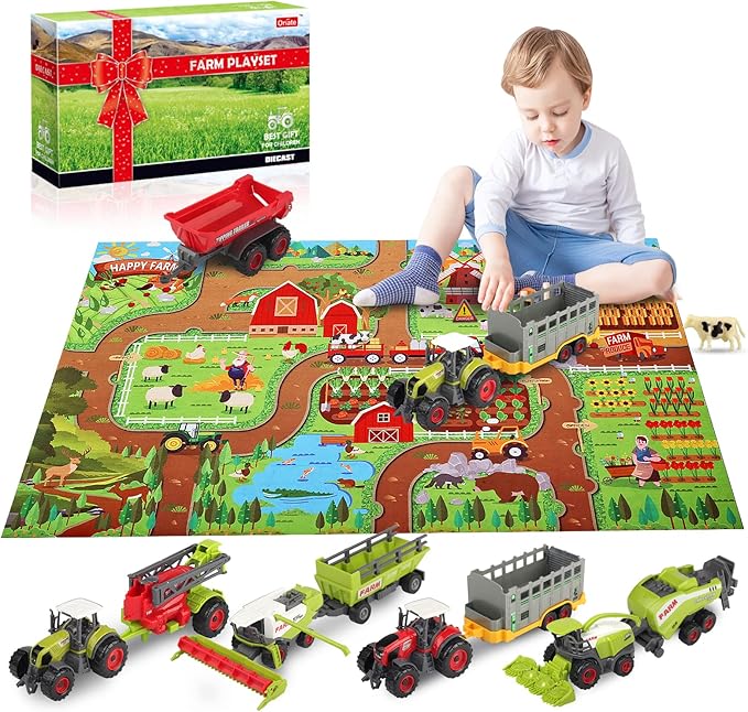 Oriate Farm Tractor Set 34 Piece Die Cast Vehicle Value Playset, Large Size 4.8" Tractors Toy Kids Birthday Gift, Farm Play Mat Tractors Animals Trailer Toys, Farm Equipment Accessories