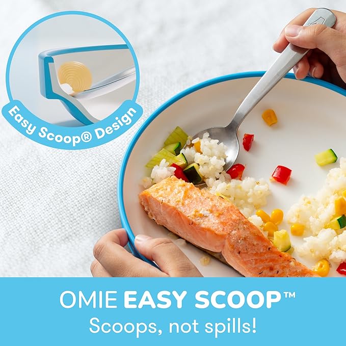 Omie® Easy Scoop Plates for Kids | Unique Design Helps Food Fall into the Spoon, Not on the Table | Made from Plants | 3 Plates + 2 Silicone Dividers | Blue
