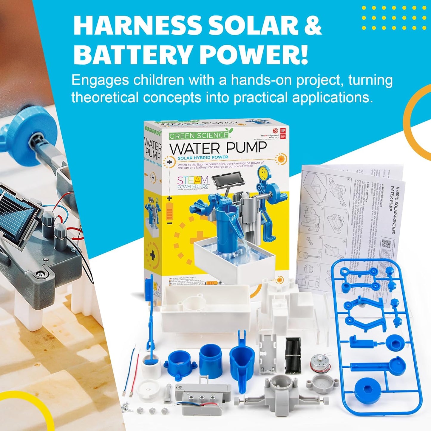 Green Science - Hybrid Solar Power Water Pump - Dual Power STEM Toys Educational Kit for Kids - Solar and Battery Operated Pumping System - Solar Robot - DIY Science Experiment Toy for Learning & Fun